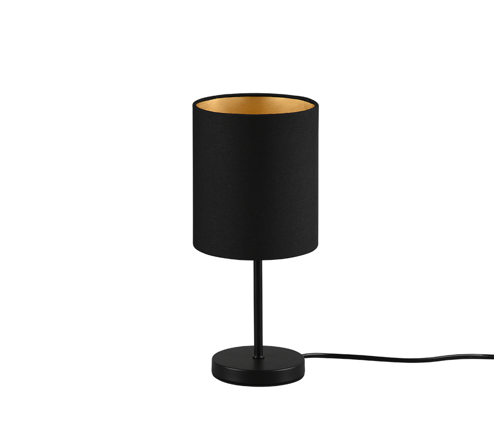 REALITY Tafellamp JERRY: Zwarte tafellamp met cilindrische kap en gouden binnenkant.