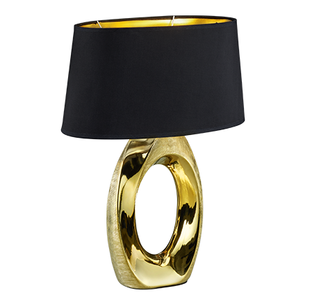 Reality Tafellamp Taba: Gouden ovale lampvoet met zwarte lampenkap.