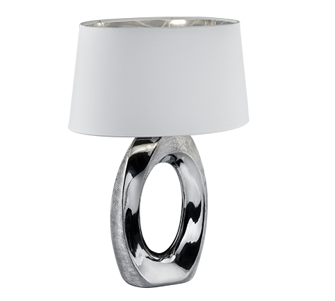 Reality Tafellamp Taba: Zilveren ovale tafellamp met witte lampenkap.