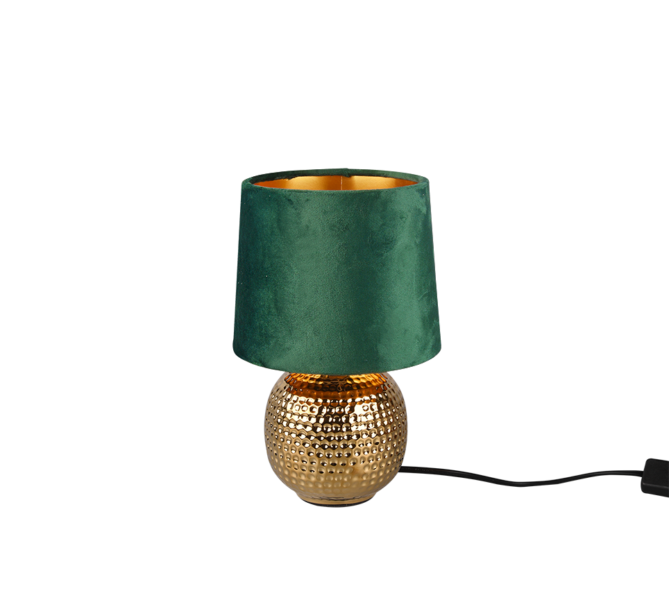 REALITY Tafellamp SOPHIA: Gouden tafellamp met groene velvet lampenkap.