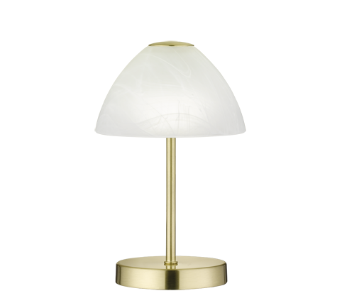 REALITY Tafellamp QUEEN: Messingkleurige tafellamp met witte glazen lampenkap.