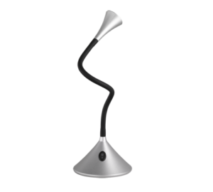 REALITY Tafellamp VIPER: Zilveren bureaulamp met flexibele zwarte zwanenhals en conische voet