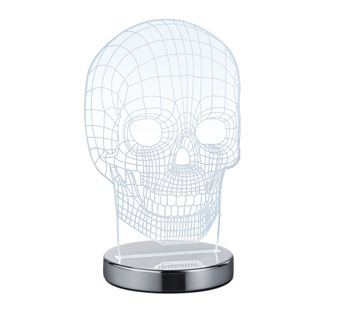 REALITY Tafellamp SKULL: Moderne tafellamp in de vorm van een schedel, blauw licht.