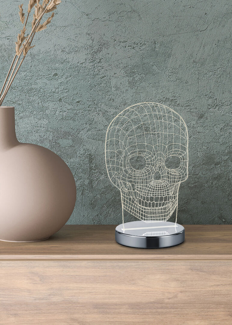 REALITY Tafellamp SKULL: Draadmodel schedel lamp op houten oppervlak.