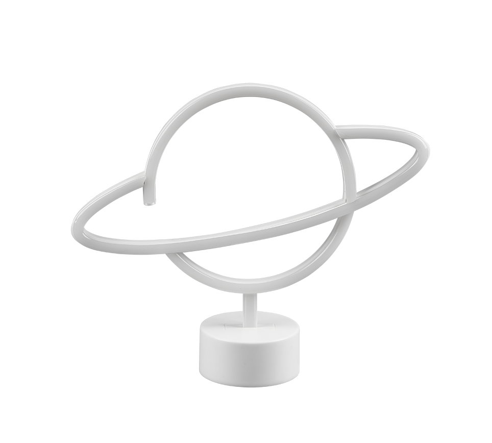 REALITY Tafellamp PLANET: Witte neon tafellamp in de vorm van een planeet met ringen.
