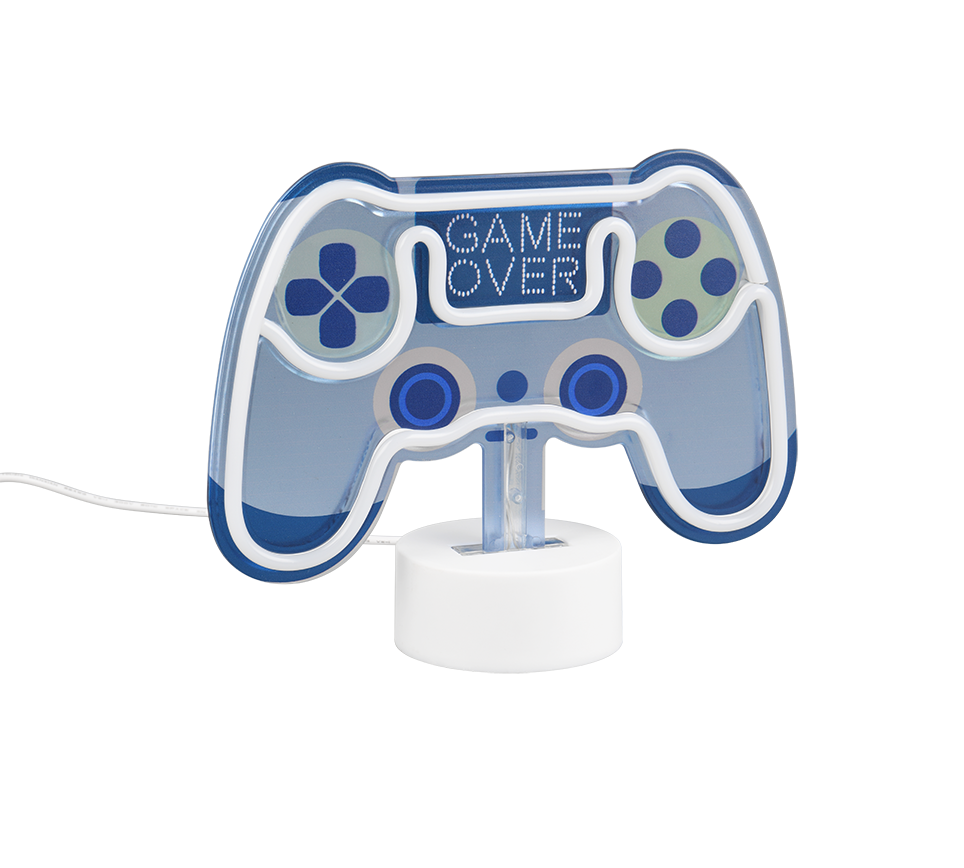 REALITY Tafellamp CONTROL: Blauwe game controller lamp met "Game Over" tekst, op een witte basis.