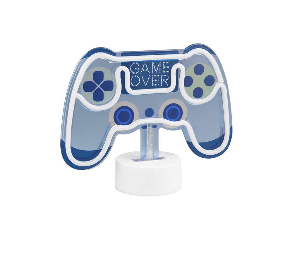 REALITY Tafellamp CONTROL: Blauw-witte tafellamp in de vorm van een game controller met "GAME OVER