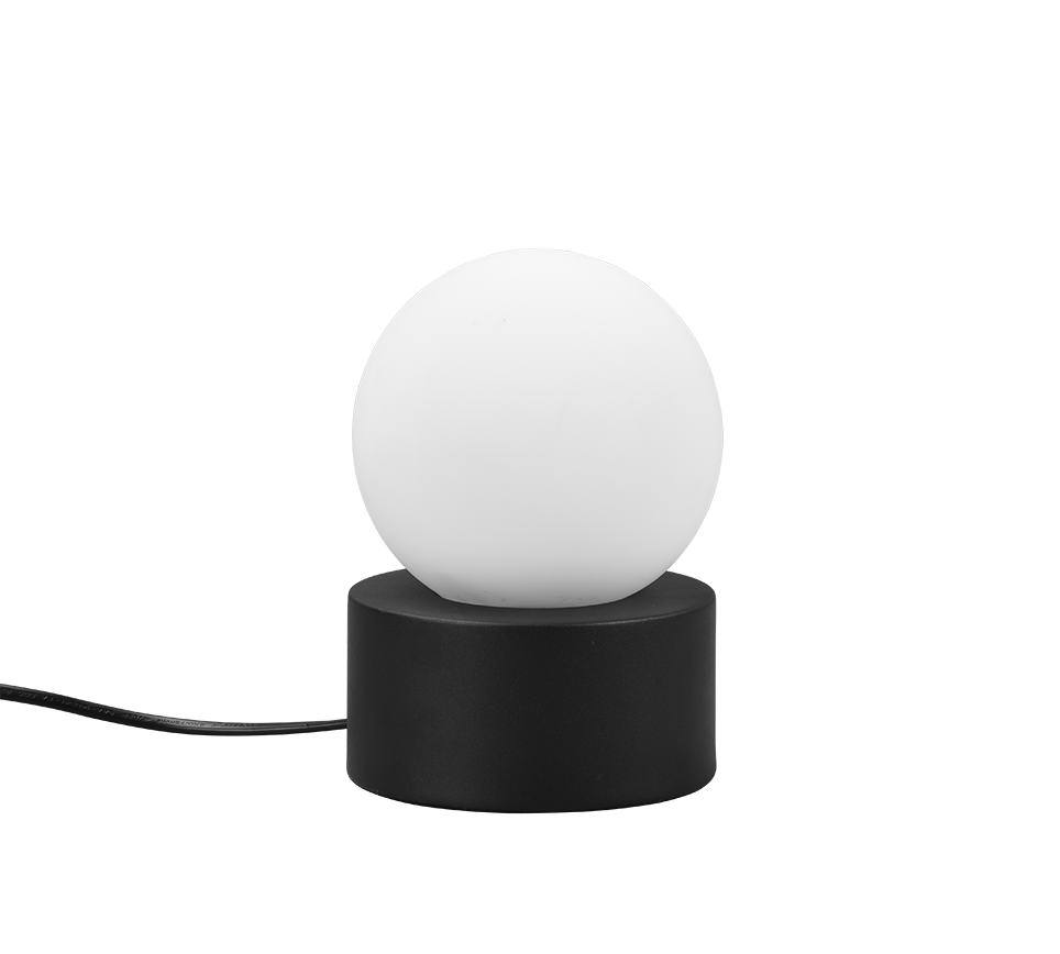 REALITY Tafellamp COUNTESS: Witte bolvormige lamp op een zwarte cilindrische voet met snoer.
