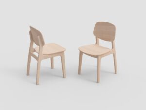 Eetkamerstoel Sento Massief Eiken WWM: Twee houten stoelen met afgeronde rugleuning en zitting.