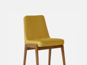 Eetkamerstoel 200-125 Var Glansfluweel Mosterdgeel Donker Hout: Mosterdgele velvet stoel met donker houten poten.