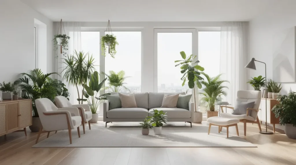 Een lichte open leefruimte met verschillende losse zitplekken, waaronder comfortabele stoelen en een chaise longue, omringd door veel groene planten. De praktische indeling zorgt voor een gezellige hoek waar mensen kunnen ontspannen of tv kunnen kijken.