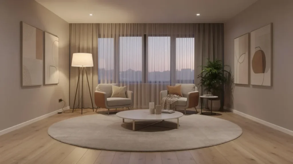 Een moderne woonkamer zonder bank, met twee comfortabele losse fauteuils die rond een groot vloerkleed zijn geplaatst. De ruimte is sfeervol verlicht en biedt verschillende zitplekken, waardoor het een gezellige hoek is voor ontspanning of tv kijken.