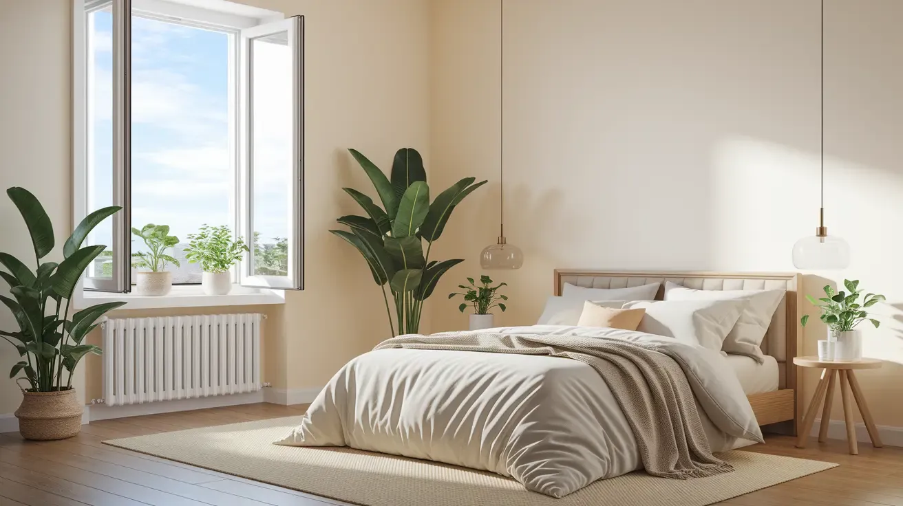 Lichte slaapkamer 2 met houten vloer en bed met wit beddengoed. Grote kamerplanten en een open raam met uitzicht op een blauwe lucht.