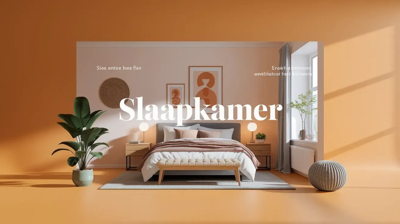 Sfeervolle slaapkamer in oranje tinten, met een groot bed, nachtkastjes met lampen en een groene plant. Zonnestralen vallen door het raam.