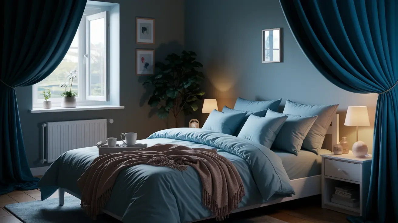 Slaapkamer 2: Een serene slaapkamer met blauwe muren, gordijnen en beddengoed. Zacht licht valt door het raam, verlichtend een rustige sfeer. Kunst aan de muur.