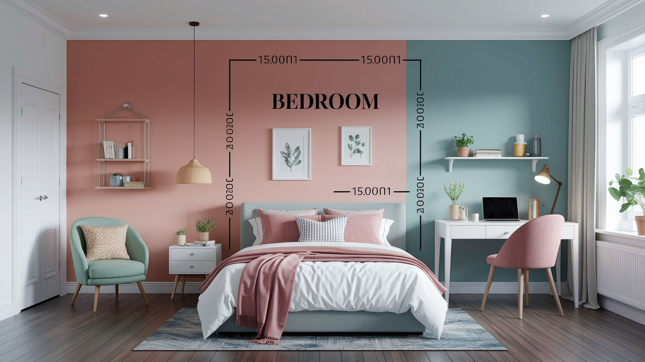 Slaapkamer 2: Een lichte, roze en blauwe kamer met bed, bureau en stoel. Zachte belichting accentueert de gezellige sfeer, perfect voor een blogs-sectie.