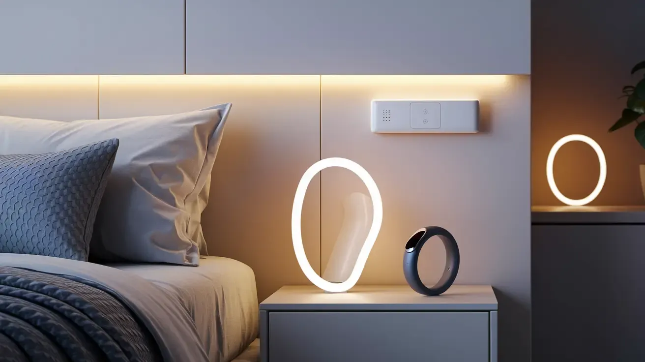 Sfeervolle slaapkamer 2 detail met een zacht verlicht bed, nachtkastje met moderne lampen in ringvorm, rustige kleuren en warme accentverlichting.