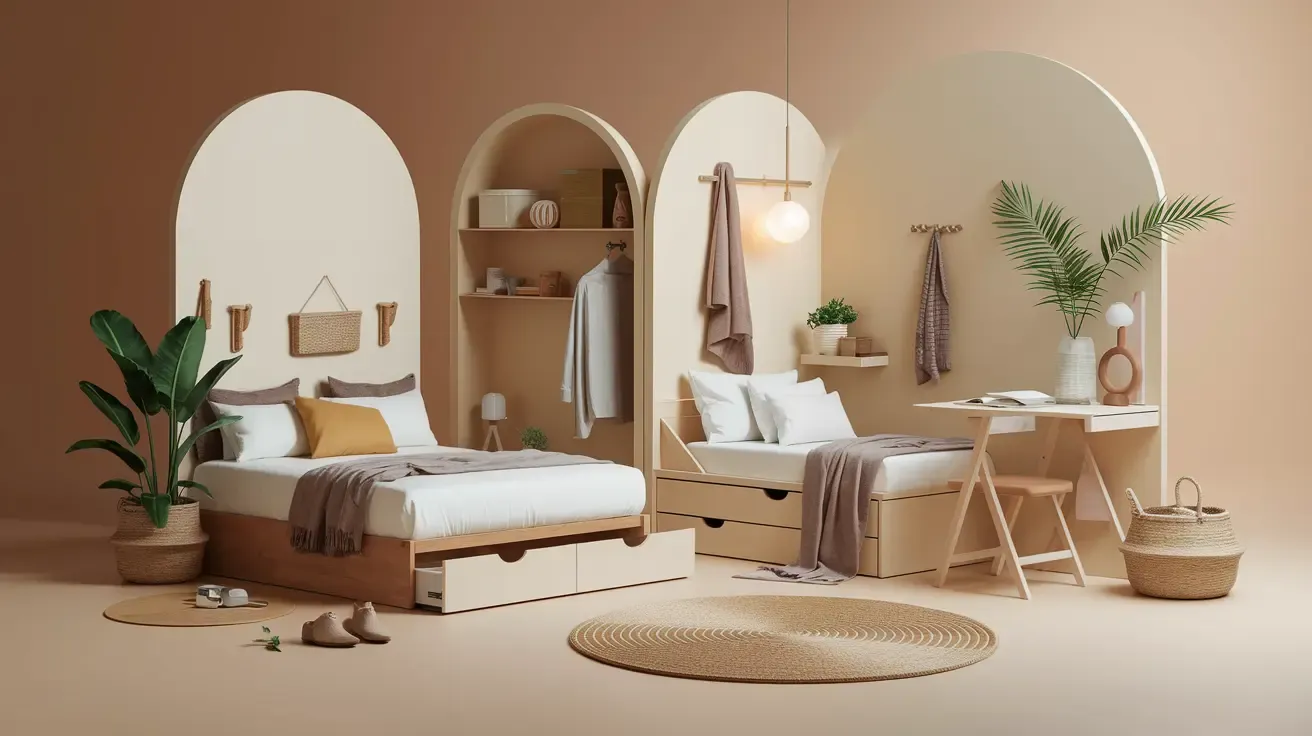 Slaapkamer 2: Licht houten bedden met opbergruimte en boogvormige hoofdeinden. Neutrale tinten, zachte belichting. Planten en accessoires voor sfeer.