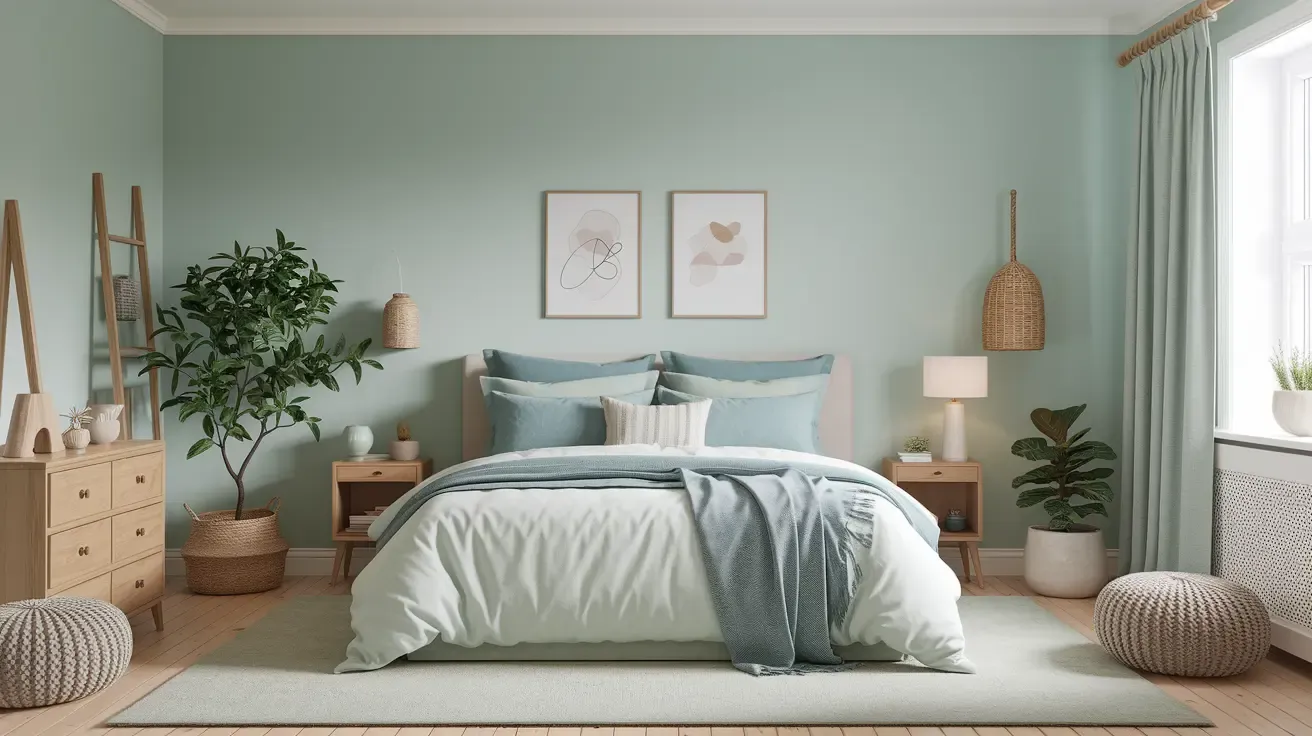 Slaapkamer 2 interieur met zachte groene muren, houten meubels en bed met blauwe accenten. Kunst aan de muur en planten zorgen voor sfeer.