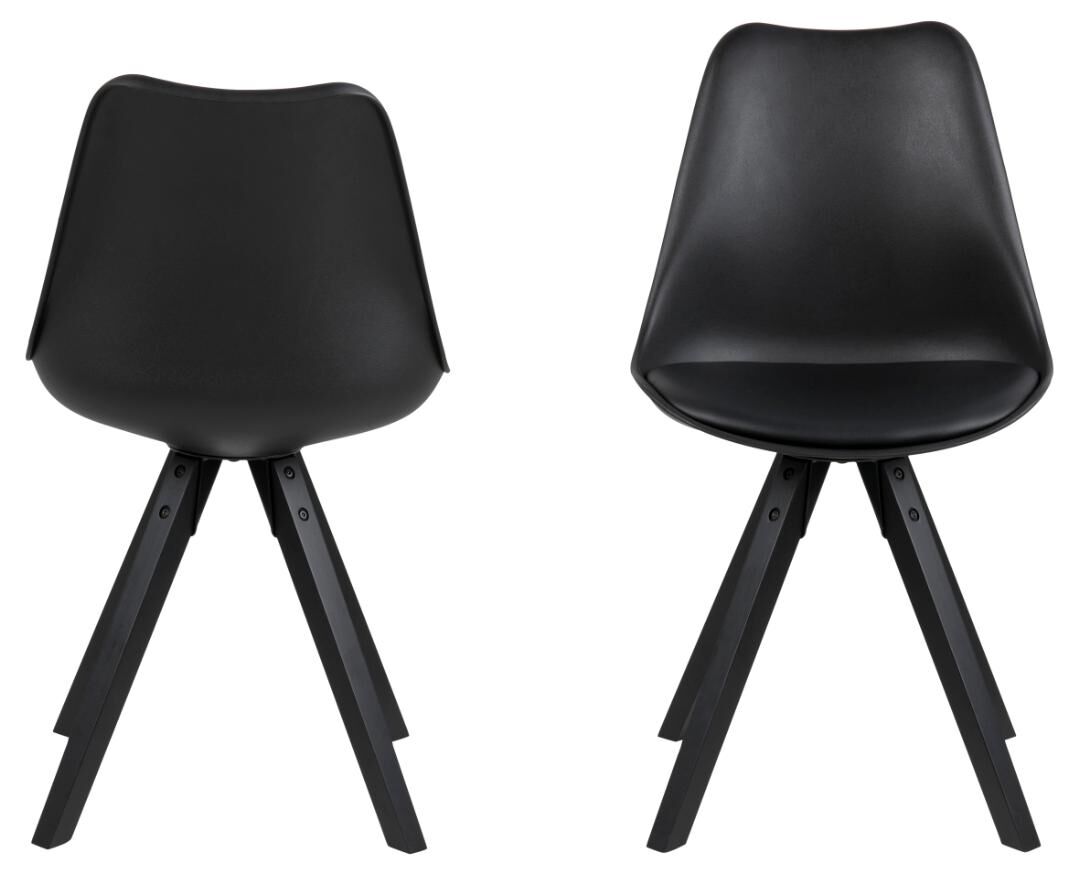 Dima eetkamerstoel (set van 2): Zwarte, moderne stoelen met strak design, gezien van voor- en achterkant.