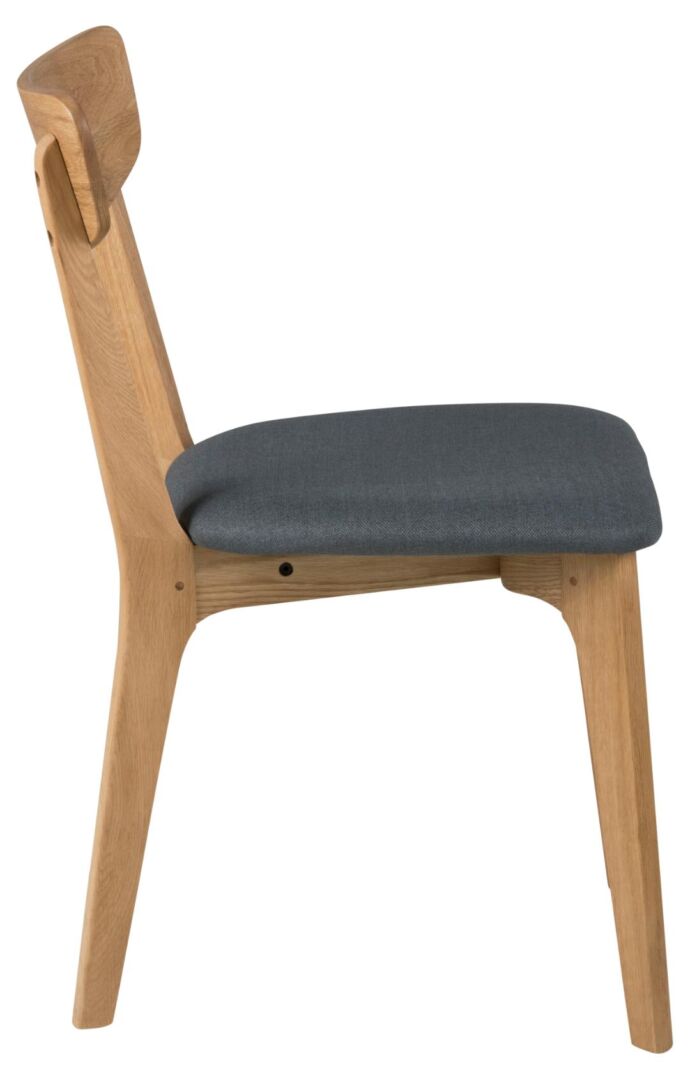 Taxi eetkamerstoel: Houten frame met grijze zitting.