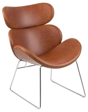 Cazar loungestoel: Bruin lederen lounge stoel met chromen frame.