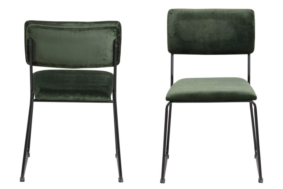 Cornelia eetkamerstoel (set van 2): Groene velvet stoelen met zwart metalen frame, voor en achter aanzicht.