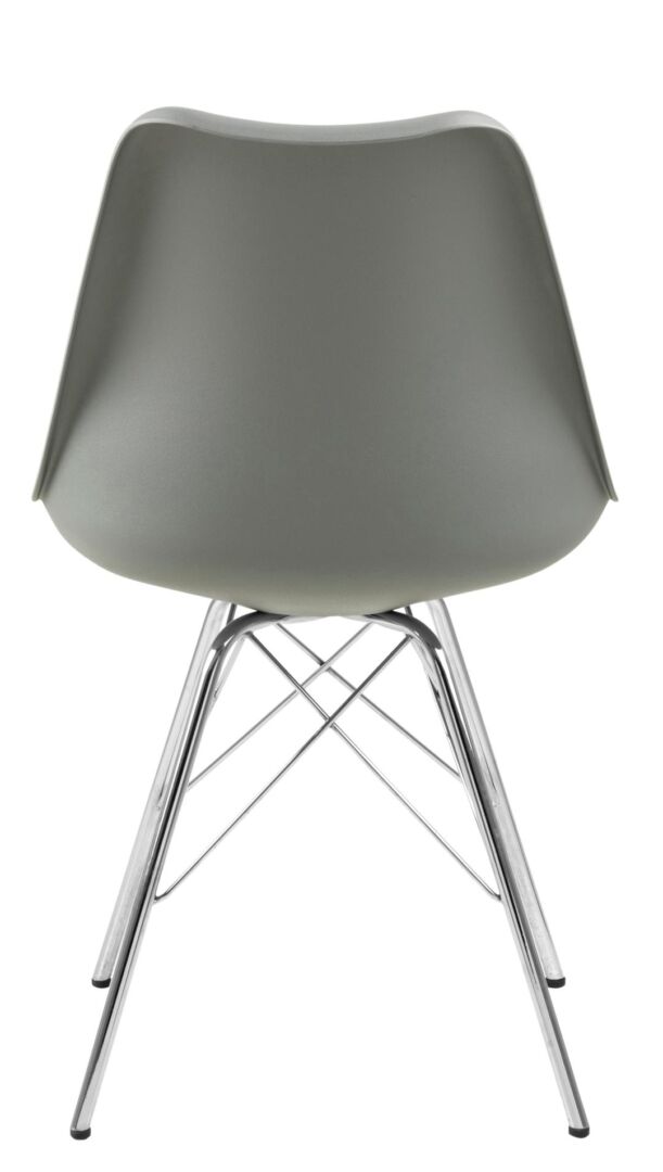 Eris eetkamerstoel (set van 4): Grijze Eames-stijl stoel met chromen poten.