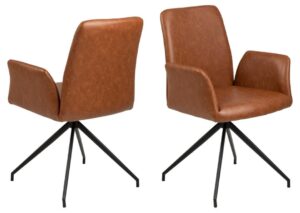 Naya eetkamerstoel met armleuning: Bruine stoel met zwarte poten, gezien van voren en van achteren.