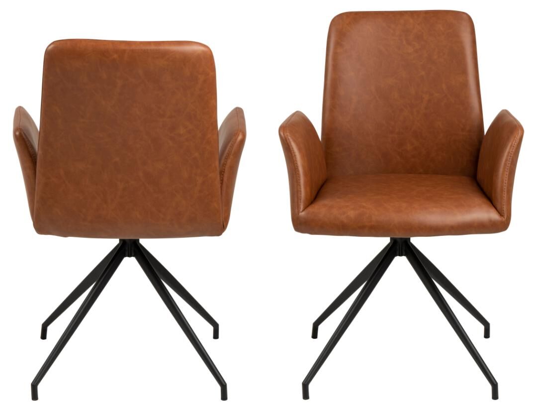 Naya eetkamerstoel met armleuning: Bruine leren stoel met zwarte metalen poten.