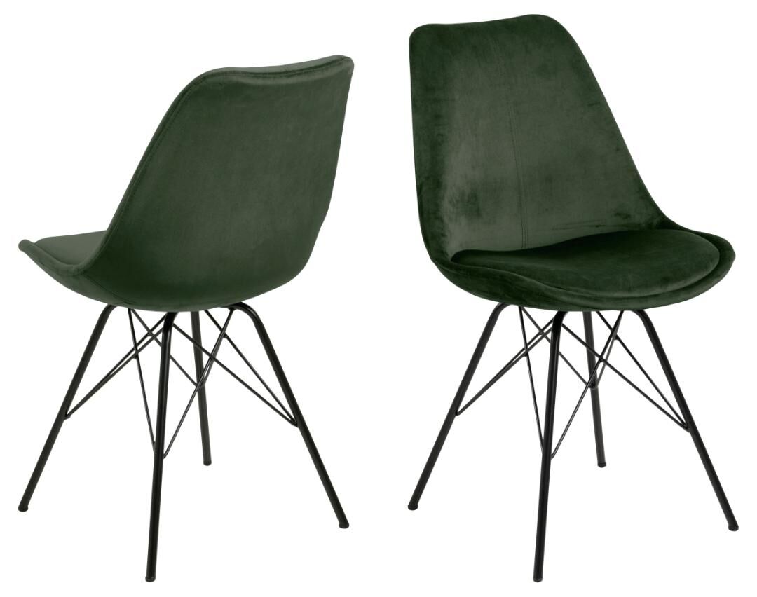 Eris eetkamerstoel (set van 2): Groene velvet stoelen met zwarte metalen poten.