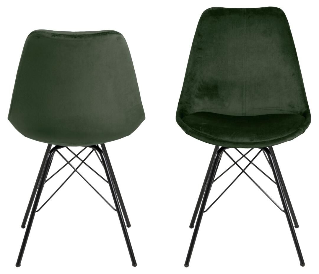 Eris eetkamerstoel (set van 2): Donkergroene velvet stoelen met zwart metalen poten.