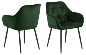Brooke eetkamerstoel met armleuning (set van 2): Groene velvet stoelen met zwarte poten.