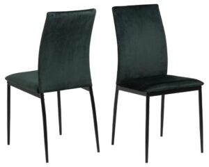 Demina eetkamerstoel: Donkergroene velvet eetkamerstoel met zwart metalen poten.