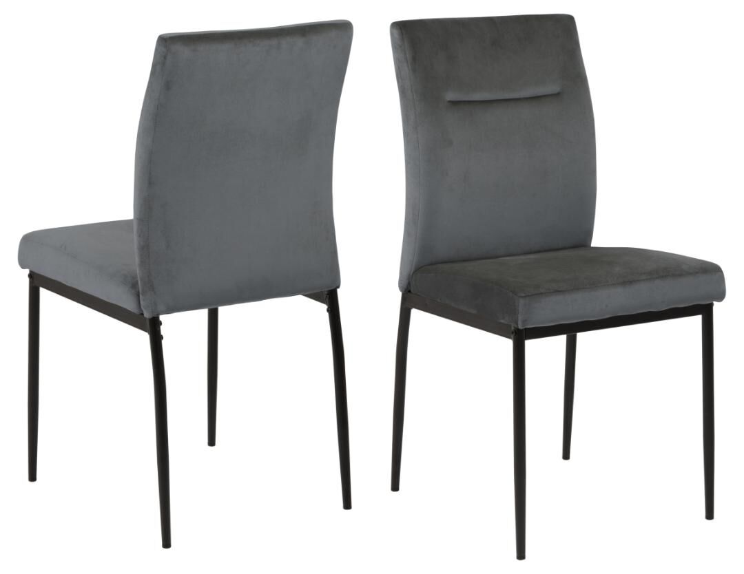 Demi eetkamerstoel (set van 2): Grijze velvet stoelen met zwarte metalen poten.