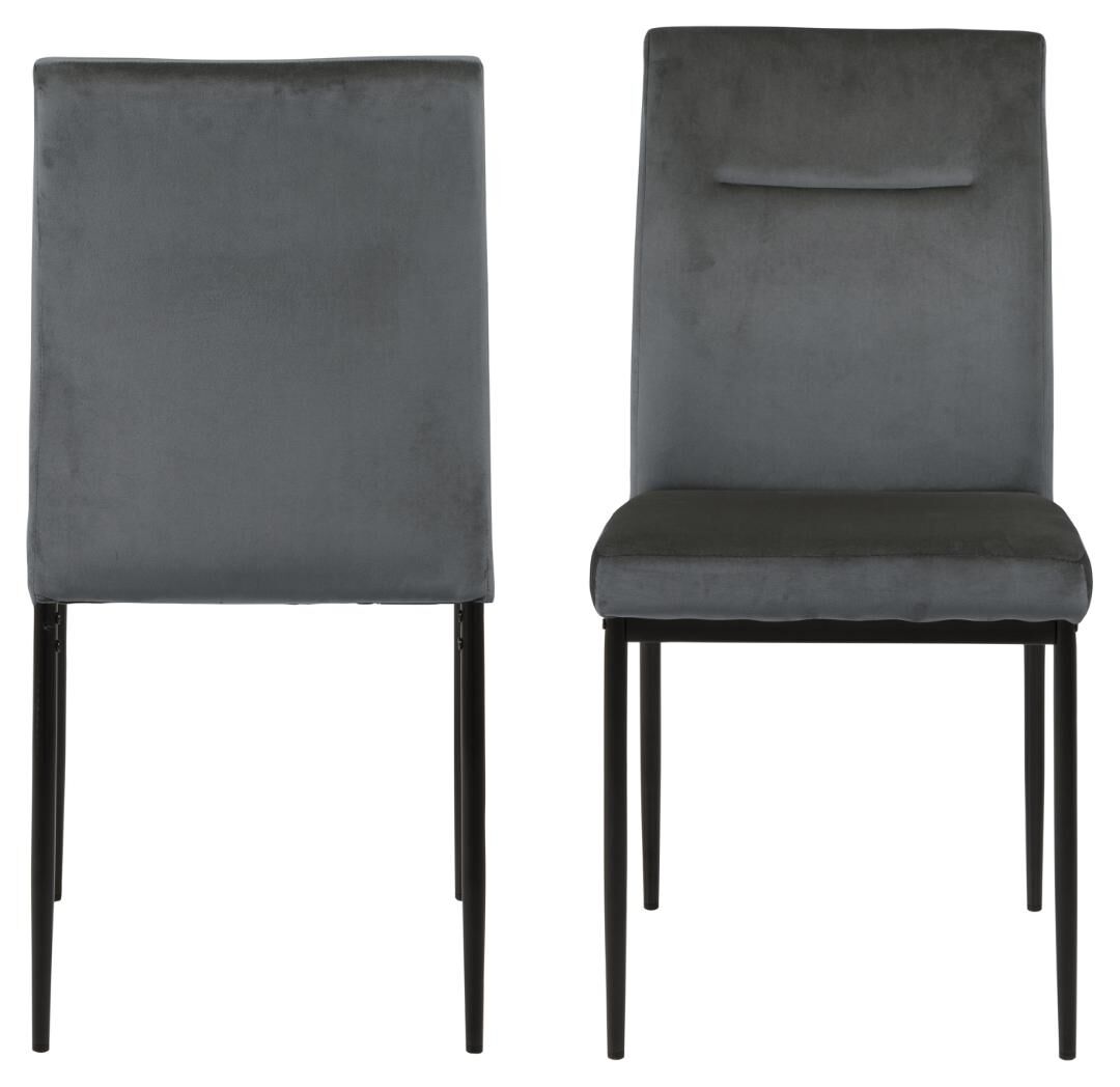 Demi eetkamerstoel (set van 2): Grijze velvet stoelen met zwarte poten, voor- en achteraanzicht.