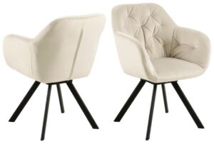 Lola eetkamerstoel met armleuning: Crèmekleurige stoel met diamantpatroon en zwarte metalen poten.