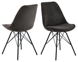 Eris eetkamerstoel (set van 2): Grijze ribstof eetkamerstoelen met zwart metalen poten.
