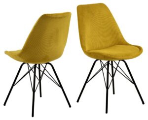 Eris eetkamerstoel (set van 2): Gele ribstof stoelen met zwart metalen poten.