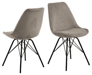 Eris eetkamerstoel (set van 2): Grijze corduroy stoelen met zwarte metalen poten.
