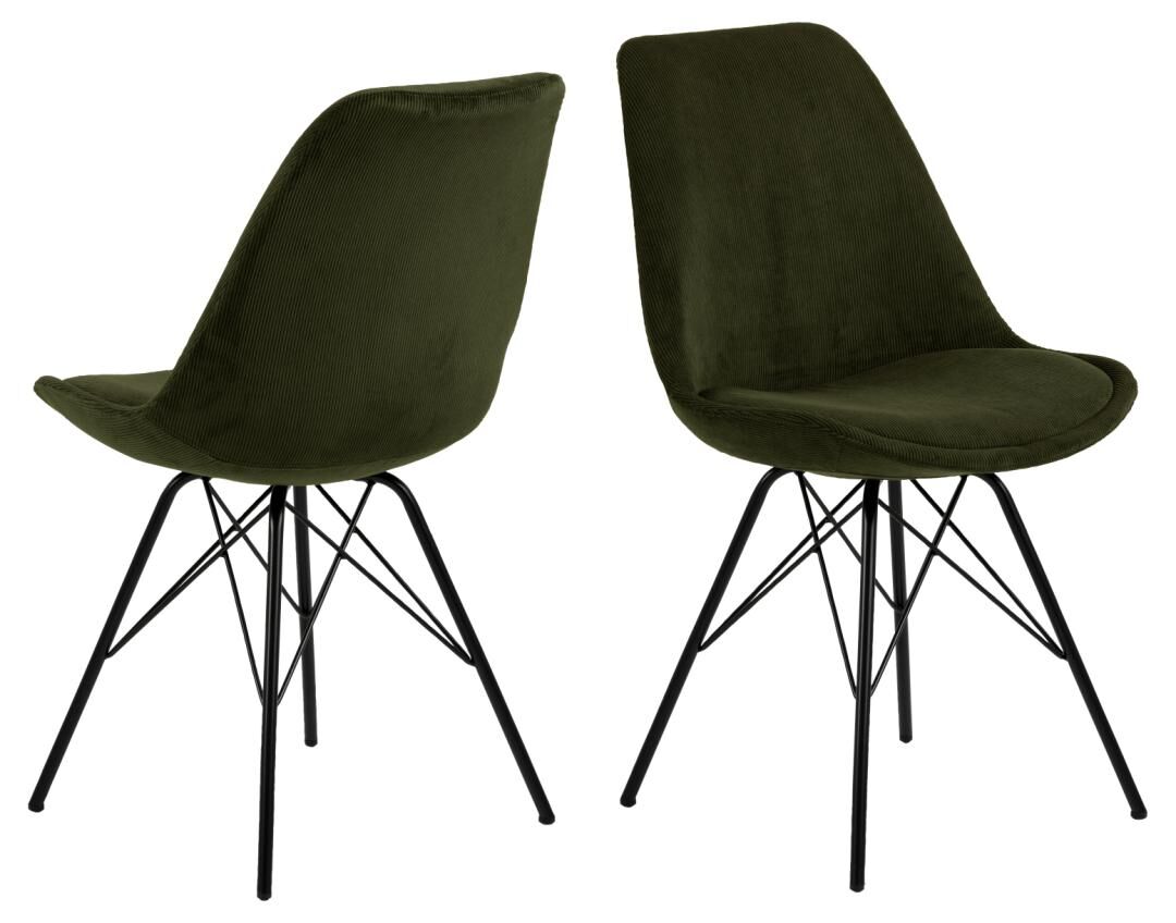 Eris eetkamerstoel (set van 2): Groene corduroy stoelen met zwarte metalen poten.