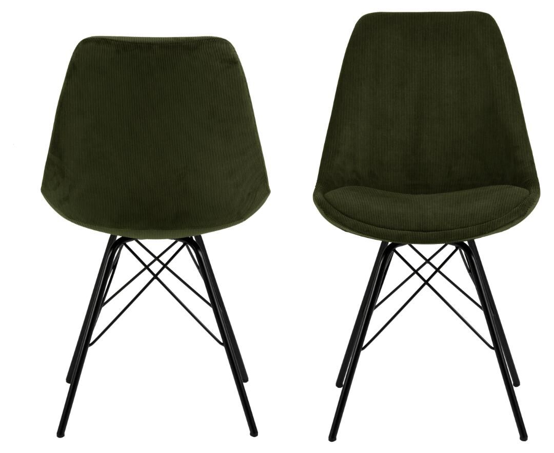 Eris eetkamerstoel (set van 2): Donkergroene corduroy eetkamerstoelen met zwart metalen poten.