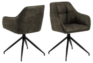 Brenda eetkamerstoel met armleuning, draaibaar, in grijze stof met zwart metalen onderstel.
