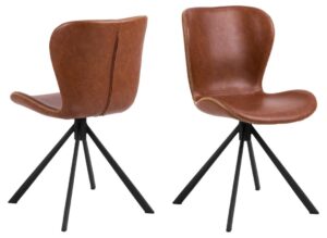 Batilda -A1 eetkamerstoel: Bruine leren stoel met zwart metalen poten, vanuit verschillende hoeken getoond.