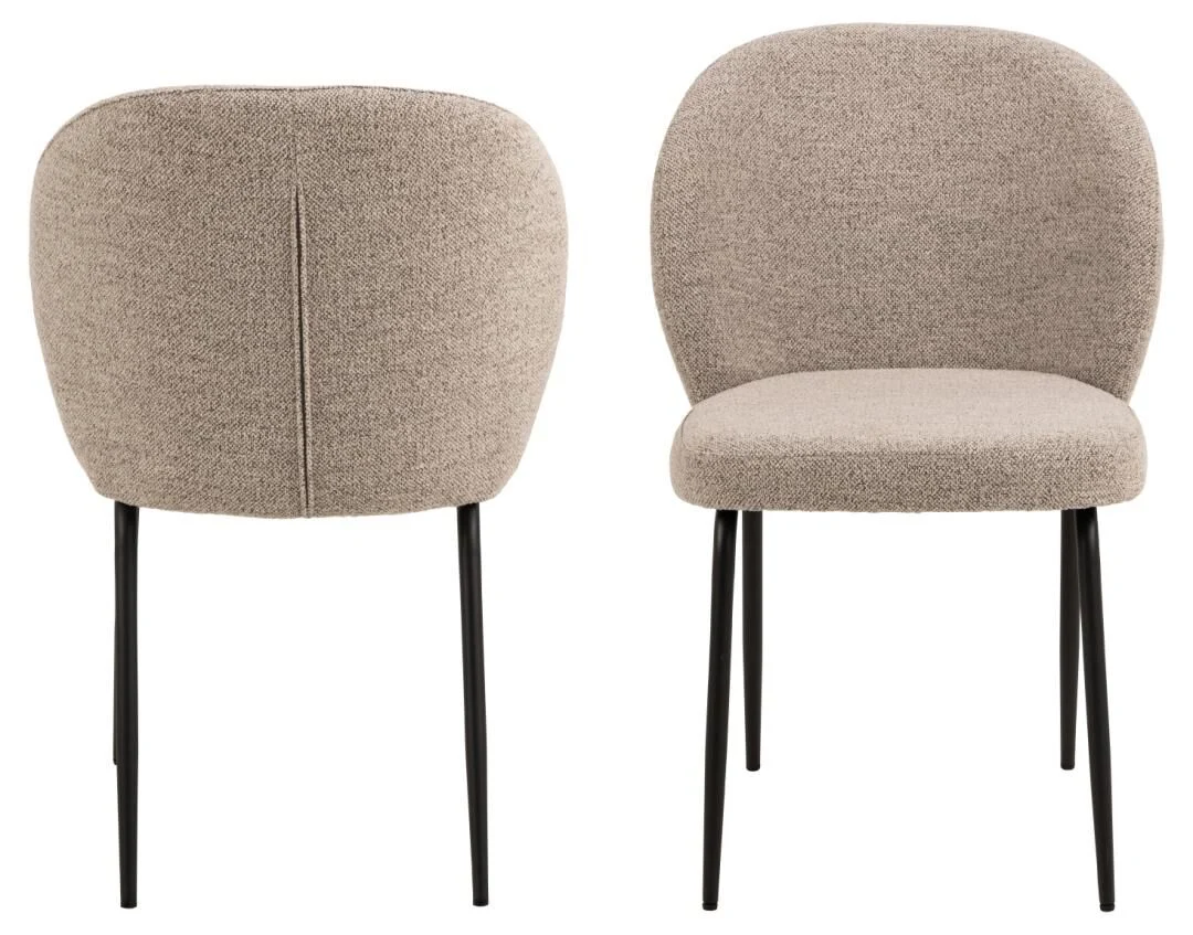 Patricia eetkamerstoel (set van 2): gestoffeerde stoelen met zwarte metalen poten, voor- en achteraanzicht.