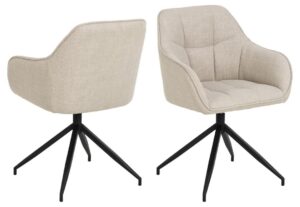 Brenda eetkamerstoel met armleuning: Beige stoffen stoel met zwart metalen onderstel.