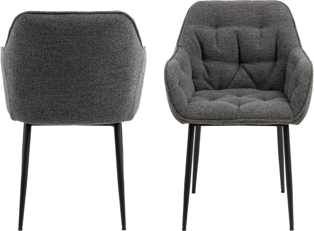 Brooke eetkamerstoel met armleuning (set van 2): Grijze gestoffeerde stoelen met zwarte poten.