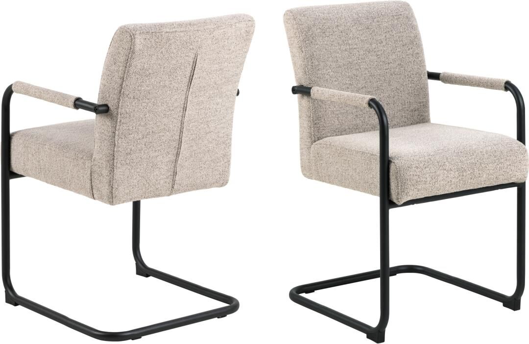 Adele eetkamerstoel met armleuning: set van 2 gestoffeerde stoelen met zwart metalen frame.