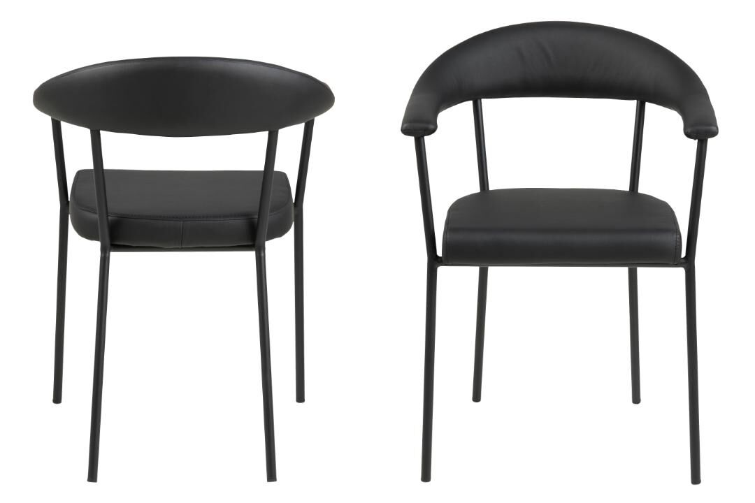 Ava eetkamerstoel set van 2: Zwarte eetkamerstoelen, één met armleuningen, modern design.