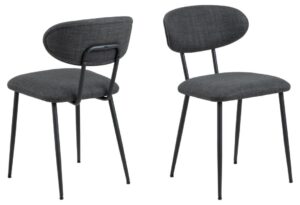Denise eetkamerstoel (set van 2): Grijze gestoffeerde stoelen met zwarte metalen poten.
